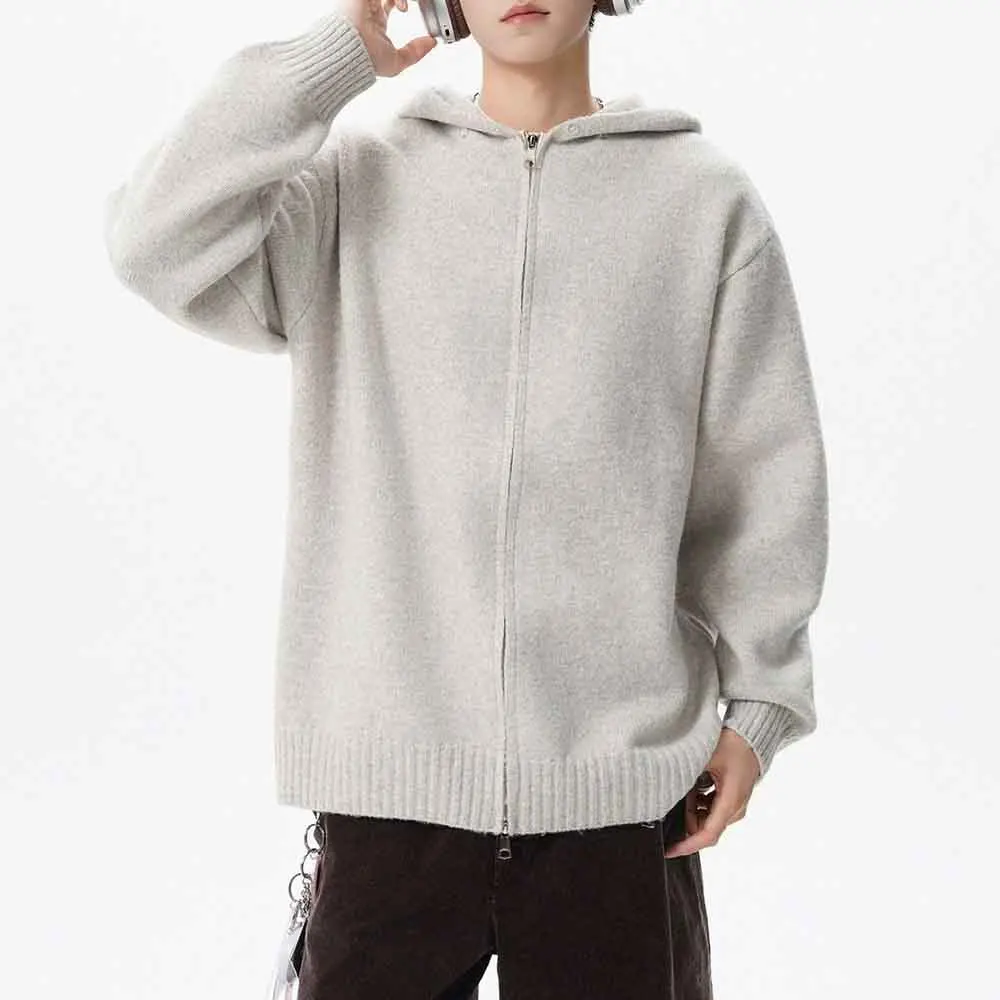 Mens Autumn Sweater Double Zipper Detachable Fur Collar Hooded Casual Knitwear Genderless Couple'S Versatile Comfort Top Unisex