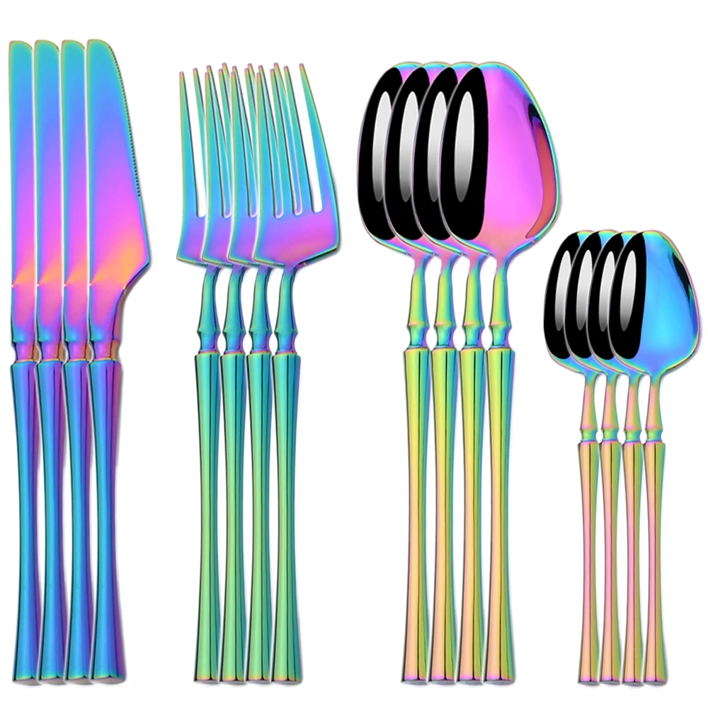 16pcs Flatwar Tainless Steel Knife Fork and Spoon Dinnerware Western Cutlery Food Knife Fork Spoon Rainbow Plated Dinnerware Set