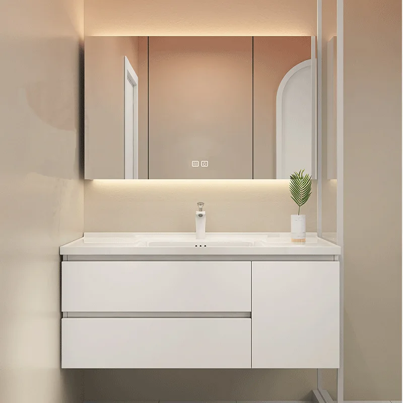 

Cream style ceramic integrated basin bathroom cabinet combination minimalist oak wash basin cabinet wash basin skin feeling