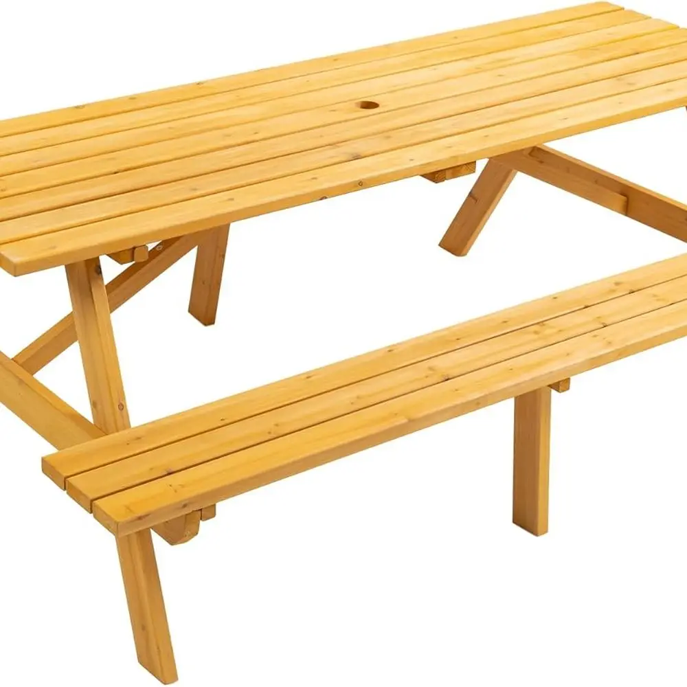 

Outdoor Wooden Picnic Table, Heavy Duty Rectangular Camping Table with Umbrella Hole, Built-in Benches, 100% Solid Fir Wood for