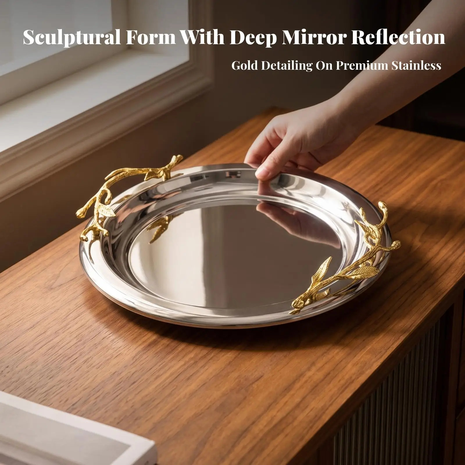Modern Stainless Steel Serving Tray Round Design with Gold Handles for Home Party Decoration Storage Tidy