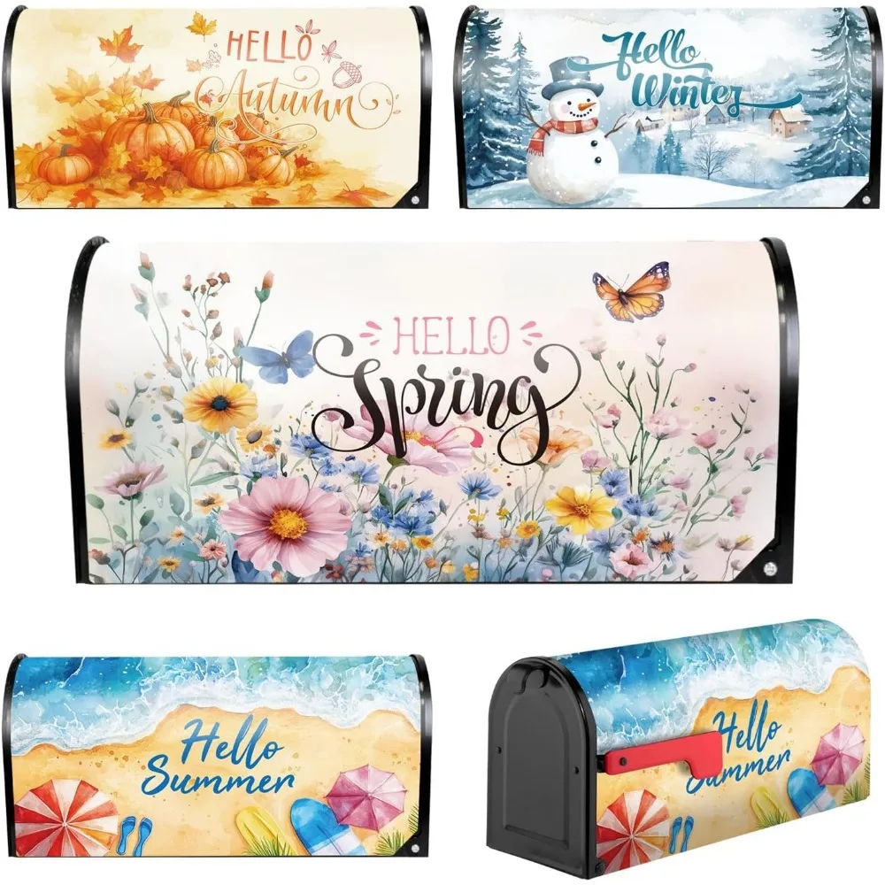 

4pcs Magnetic Mailbox Covers Standard Size, 21" x 18" Post Letter Box Cover Double-Sided Mail Box Wraps for Hello Winter Spring