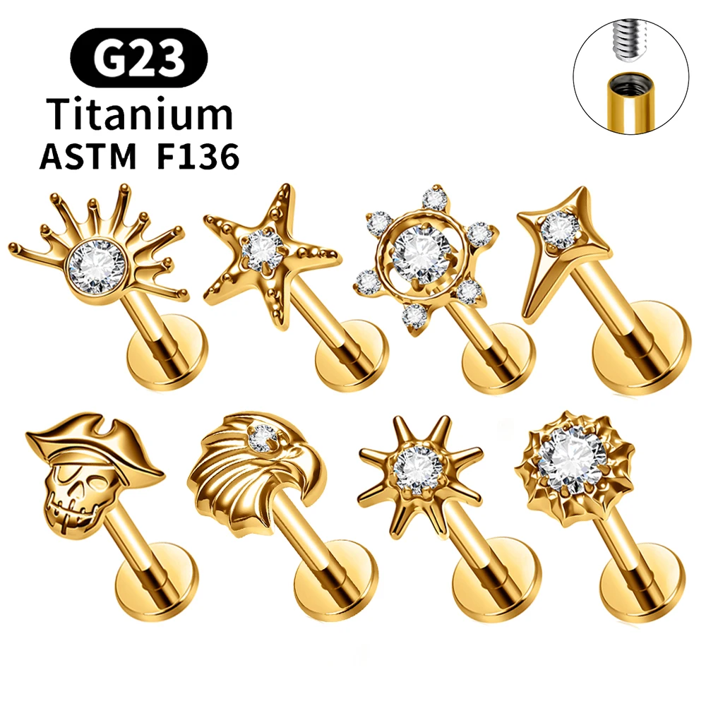 ASTM F136 Titan Adler Flachboden-Ohrstecker 16G CZ Sterne Helix Tragus Knorpel Ohrläppchen Conch Labret Nase Ohr Piercing Schmuck