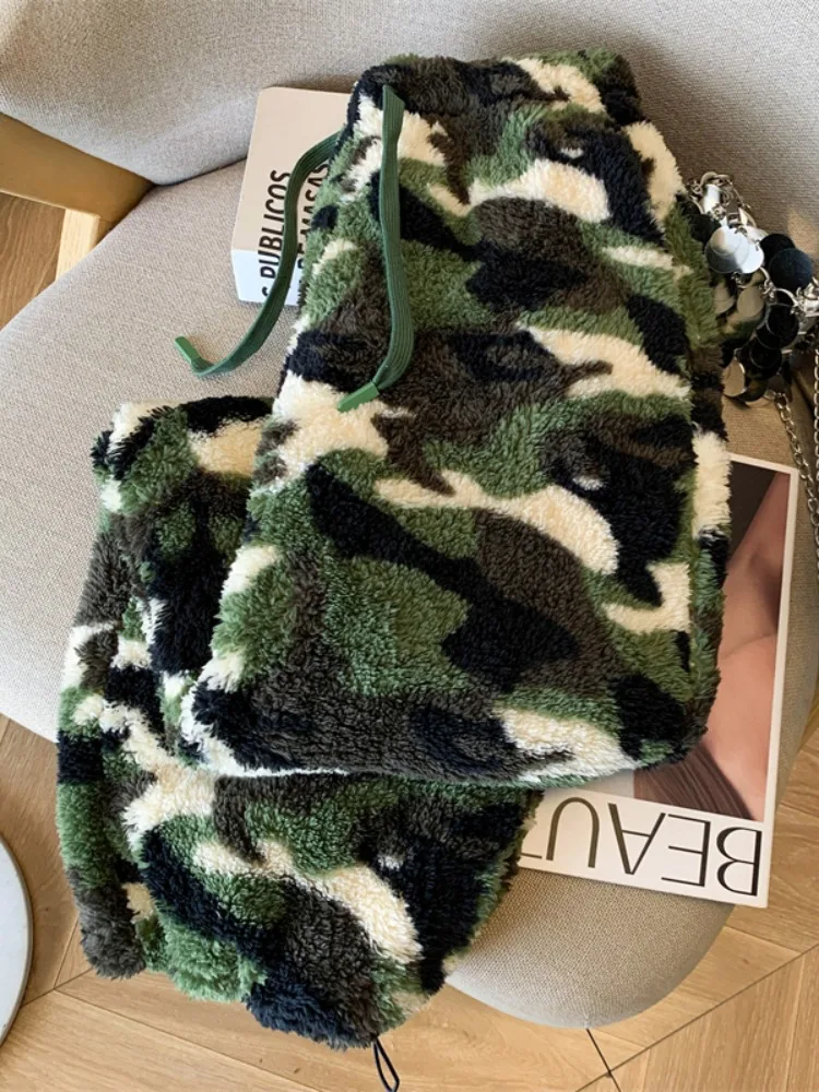 Vita alta Gamba dritta Stampa mimetica Plaid Morbido Thi Pantaloni a gamba larga Donna Inverno Street Vento fresco Vita alta Gamba larga...