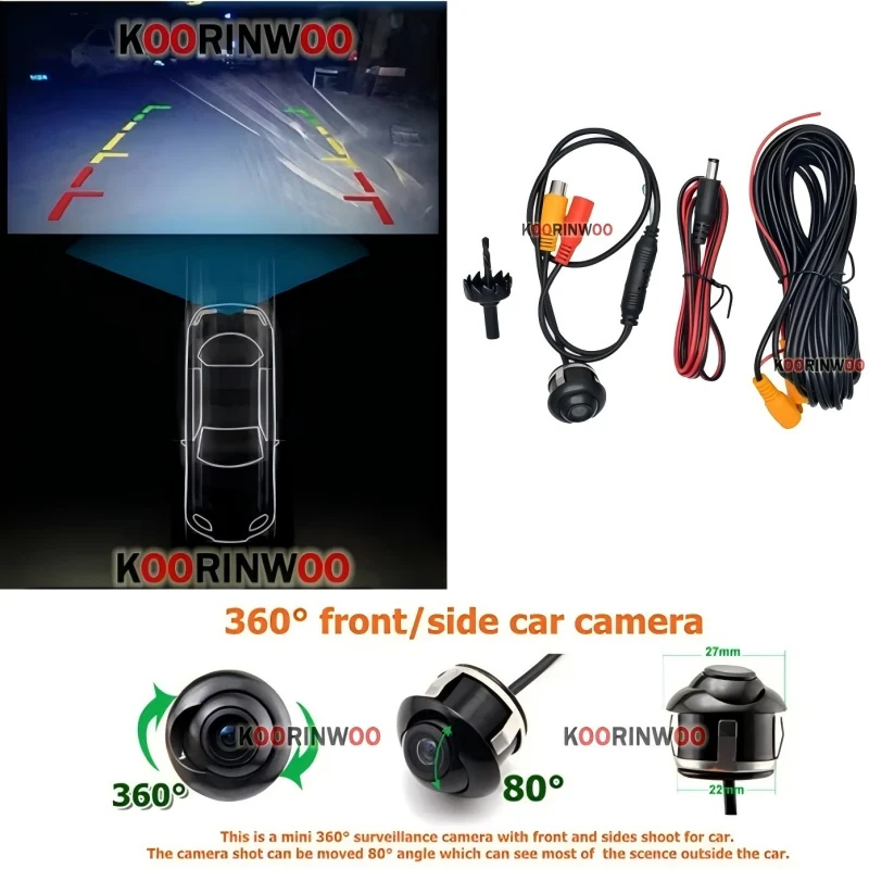 Koorinwoo Rotating 360 Car Cameras Wide Angle 22.5MM Camera Front form Camera Rear View Parking System 12V For Car Navigation