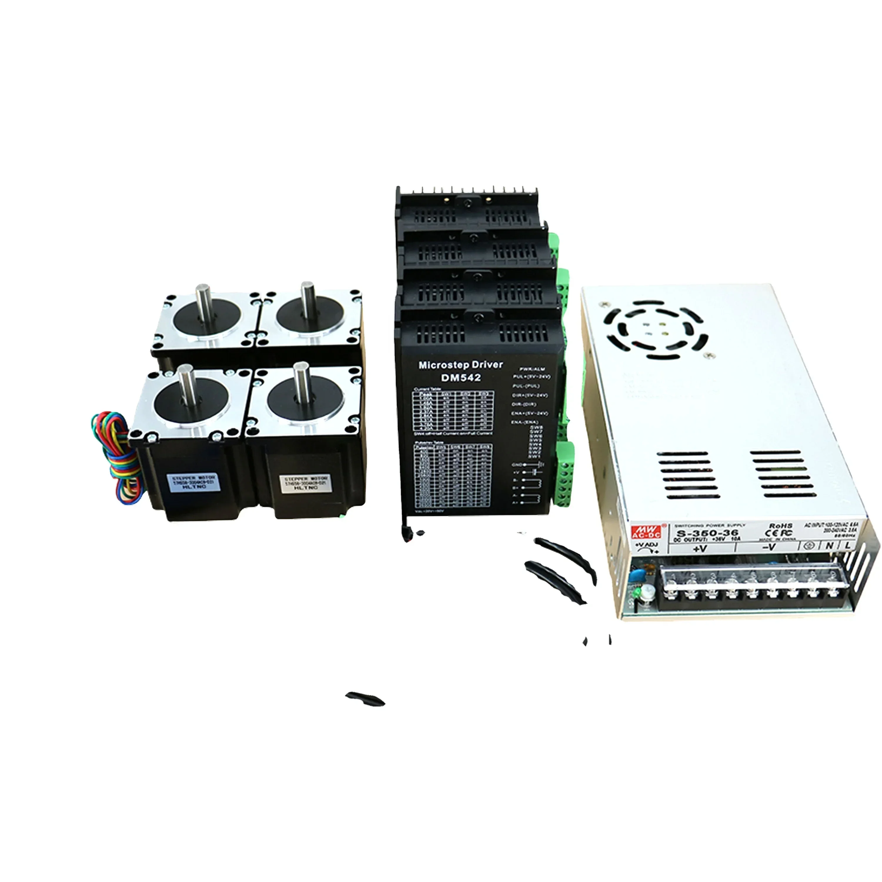 New Nema 23 Stepper Motor 1.2Nm Set Motor 4pcs +DM542 Driver+ Breakout Board+350W 36v Power Supply  Router 4 Axis Kit for CNC