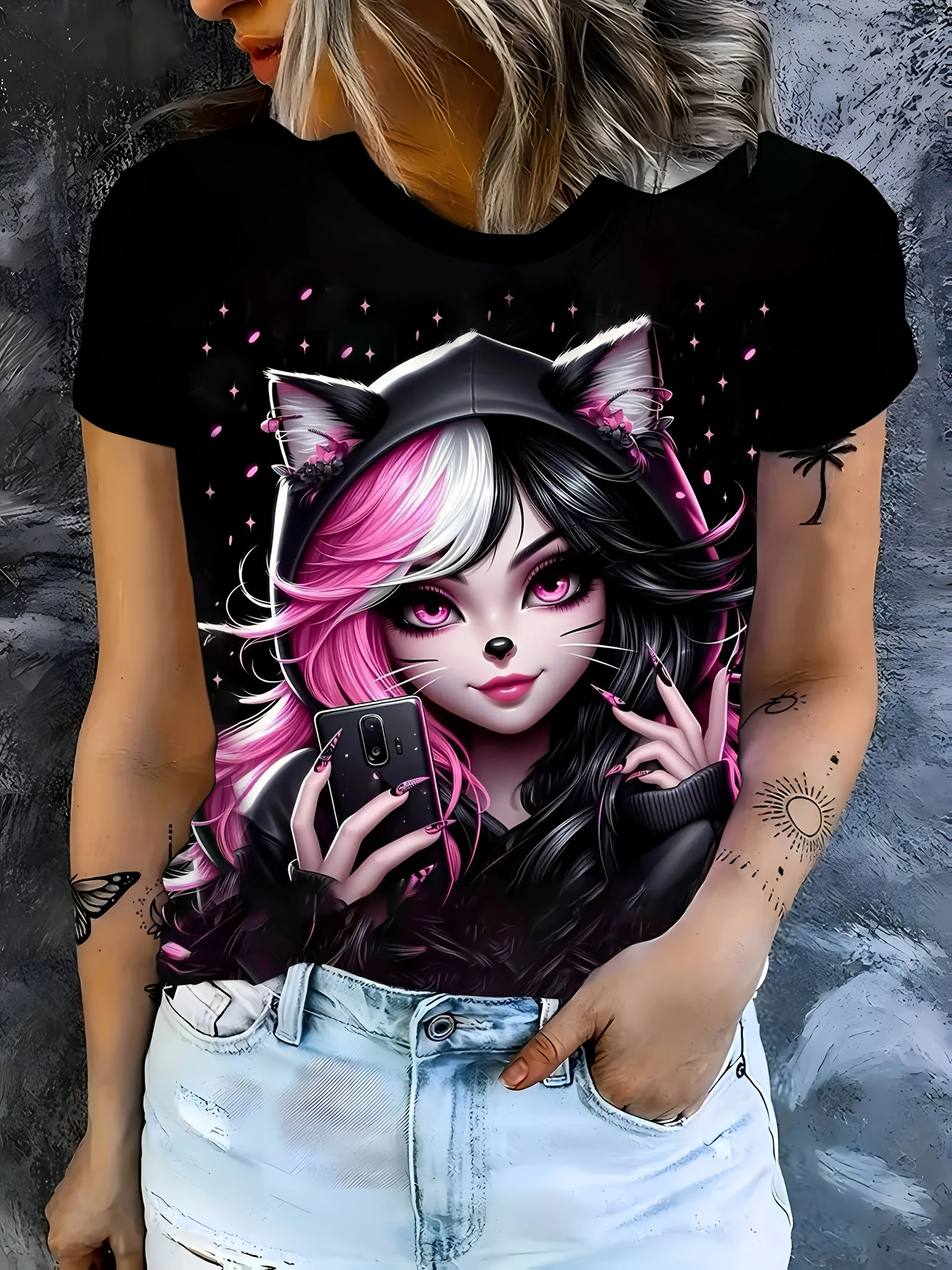 Women's Black Anime Angel 3D Print T-Shirt - Cute Cat Ear Headband with Vibrant Rainbow Hair Design, Loose Fit Short Sleeve Crew Neck Casual Top, All-Season Machine Washable Vintage Style~Shirt, Comfortable Fit