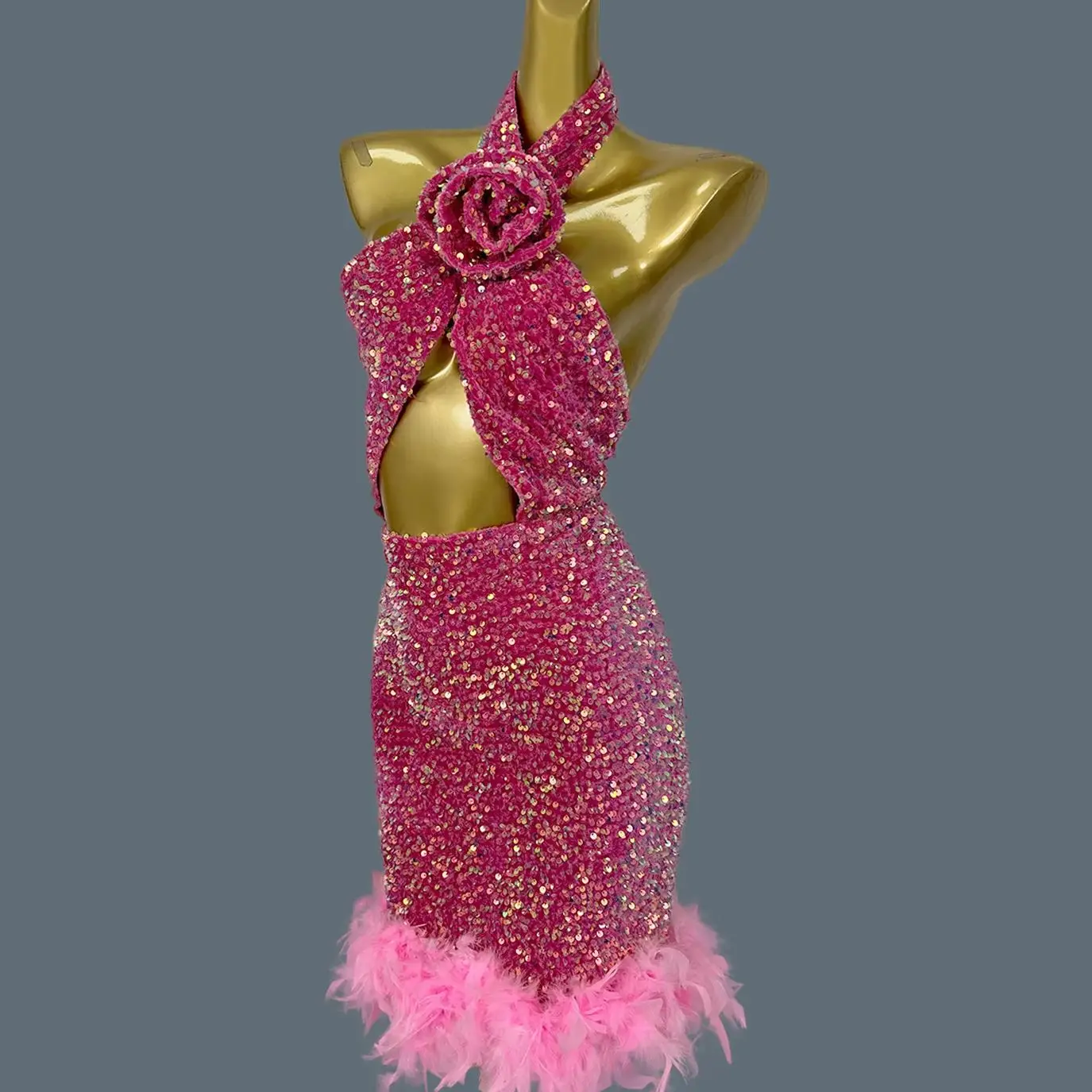 

Sexy Backless Sparkly Sequins Rose Bandage Evening Dress Birthday Party Celebrate Short Dress Cocktail Prom Outfit Fenqiangwei