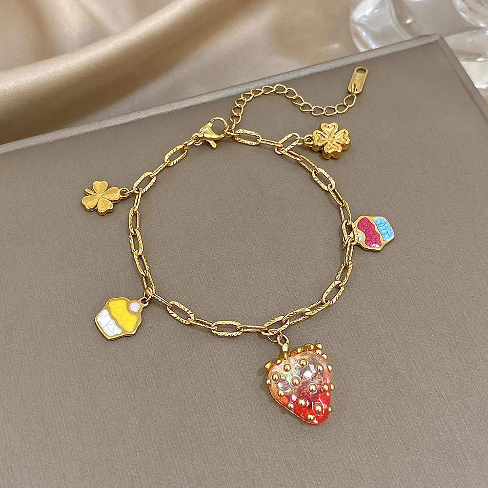 

Freetry Cute Strawberry Cherry Starfish Pendant Bracelet for Women Gold Color Stainless Steel Chain Bracelet Female Jewelry Gift