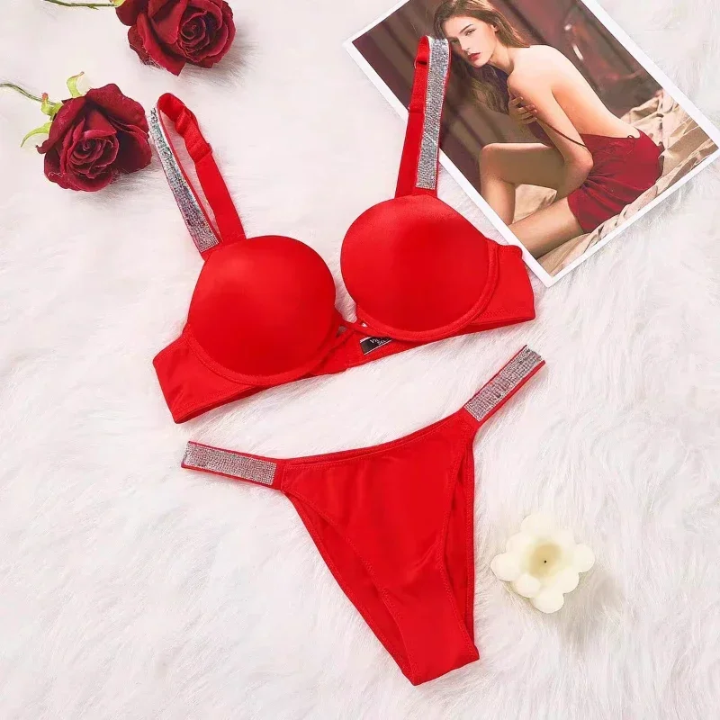 Rhinestone Lingerie Sexy Trend Straps Push Up Bra and Thong Set Comfortable Brassiere Adjustable Gathered Underwear Wholesale