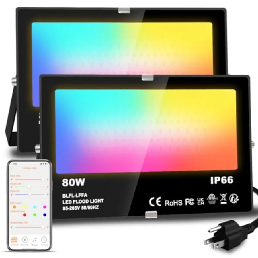 

Светодиодный прожектор для улицы 800 Вт (эквивалент 8000 лм), умное RGB-освещение для ландшафта с управлением через приложение, настраиваемые сценарии, таймер, 5700K дневной свет