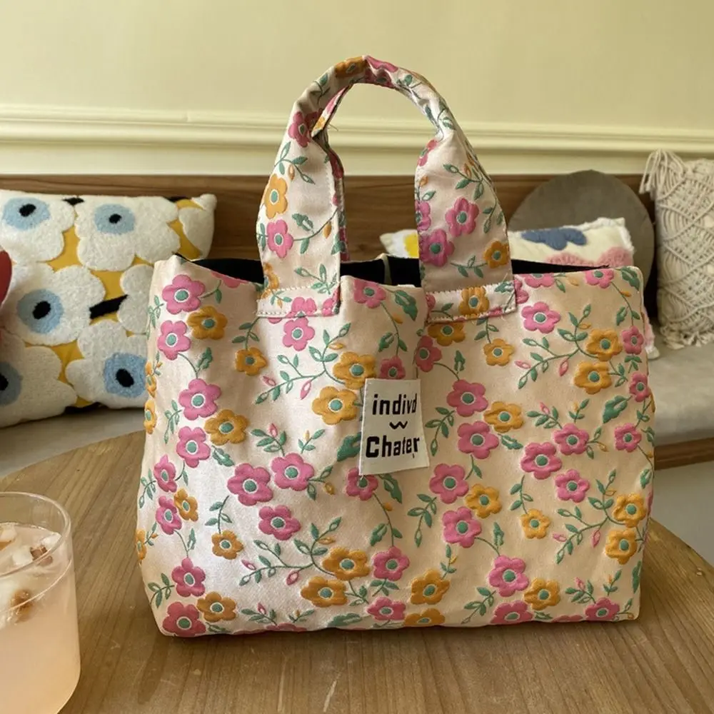 Sac fourre-tout en toile florale tulipe pour filles, sac à déjeuner réutilisable, sac à provisions, sac à main à nœud unique, peinture à l'huile de style français