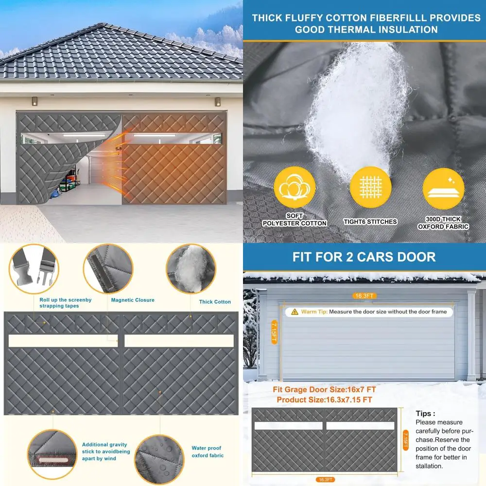 

Thermal Insulated Screen Door: 16.3x7.15FT, 5-Layer Oxford Cotton, Cold-Resistant for 2-Car Garage, Hands-Free with 8 Roll-Up St