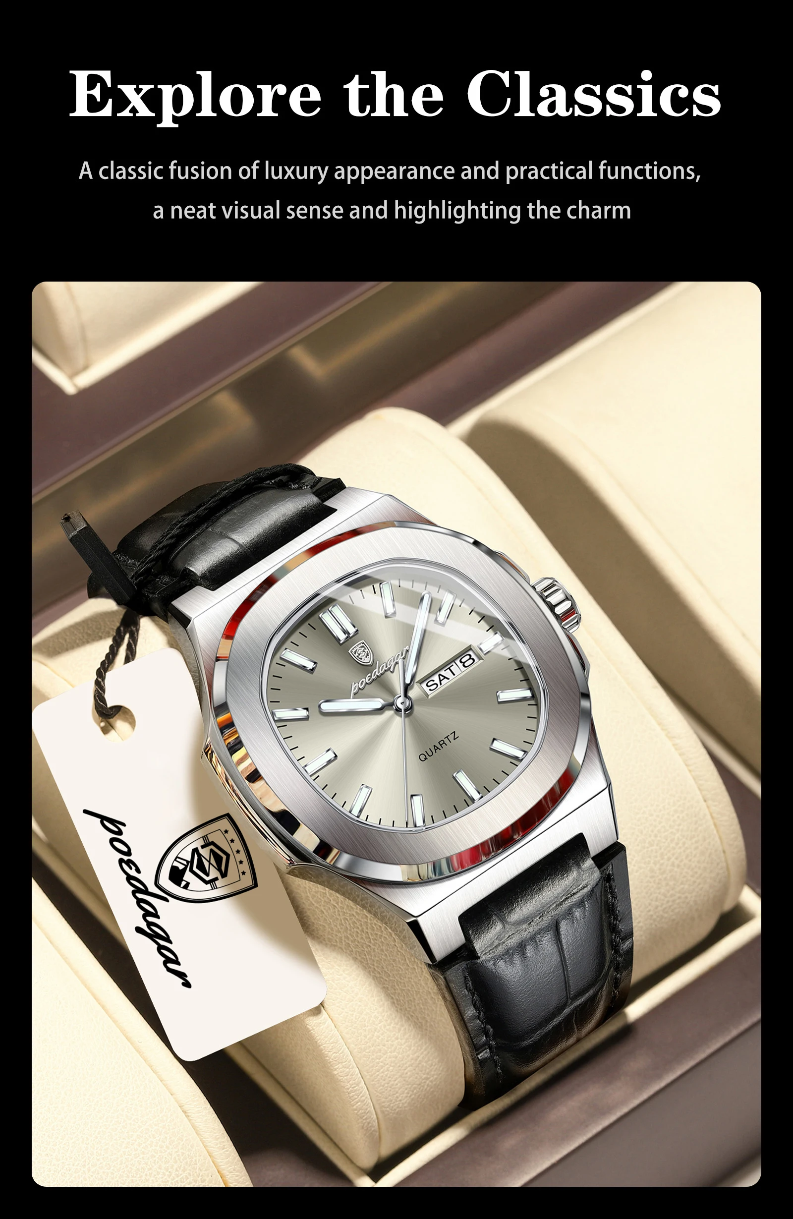 POEDAGAR Top Casual Herrenuhr Leuchtend Wasserdicht Leder Business Herren-Armbanduhr mit Wochentag und Datum Quarz Mode Herrenuhren Reloj – Detail 15