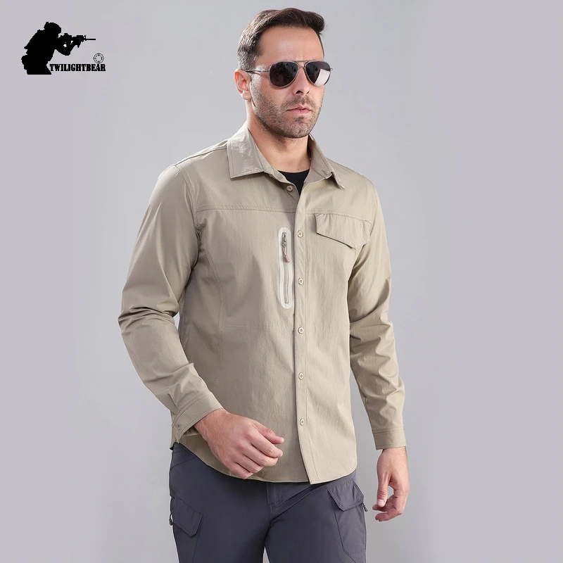 Stretch Men\'s Shirt Multiple Pockets Quick Drying Shirts High Quality Male Elastic Tooling Shirt Men Clothing Casual Shirts AF54