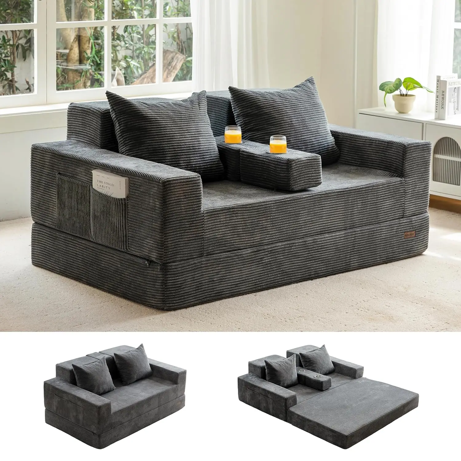 64-Inch Convertible Sofa Bed with 2 Cup Holders, 4-in-1 Floor Couch Recliner No Assembly for Living Room, Customized
