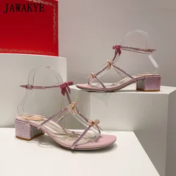 Open Toe Crystal Leather Sandals Women Pink Bow Knot Chunky Square Heel Mules Bride Shoes Summer Sexy Party Wedding Shoes Woman