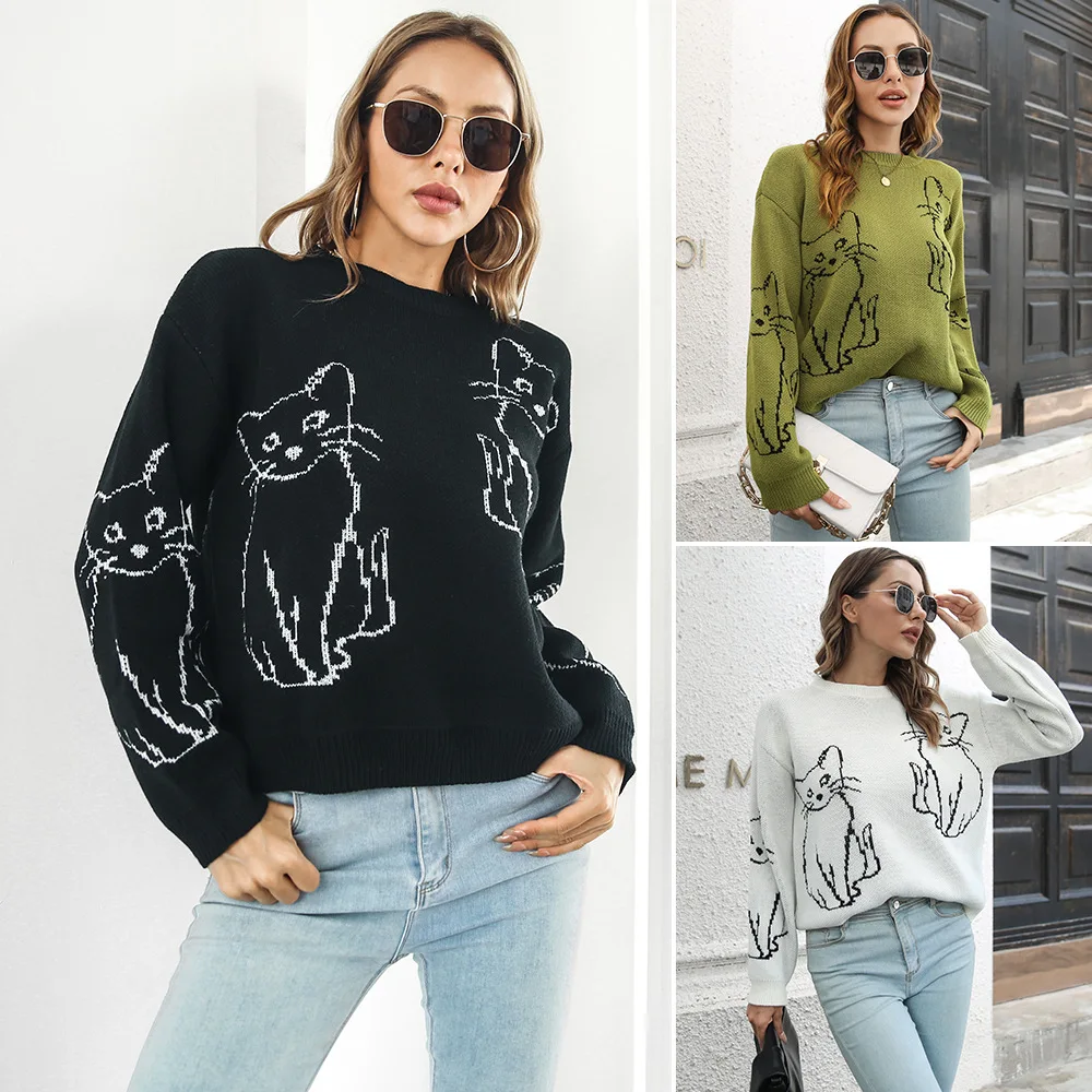 Cat Jacquard Sweater Women's Loose Autumn/Winte Knitted Sweater Hooded Sweater New Style Свитер Женский Зимний Свитер Женский