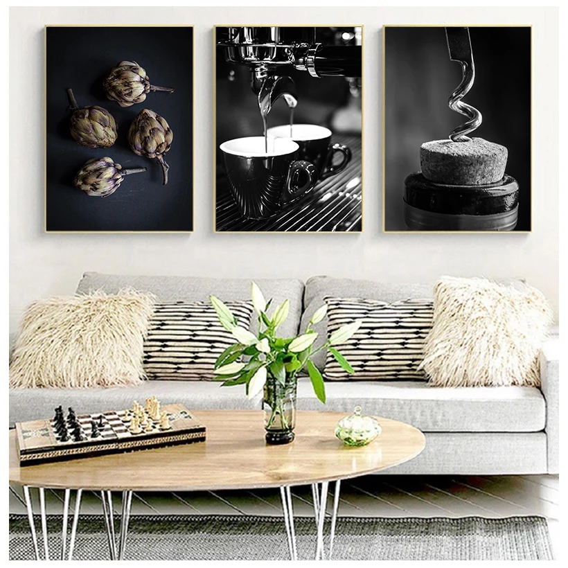 Coffee Wine Bead Poster Black White Food Drink Kitchen Wall Art Print Simple Canvas Painting  Picture Dining Room Decor