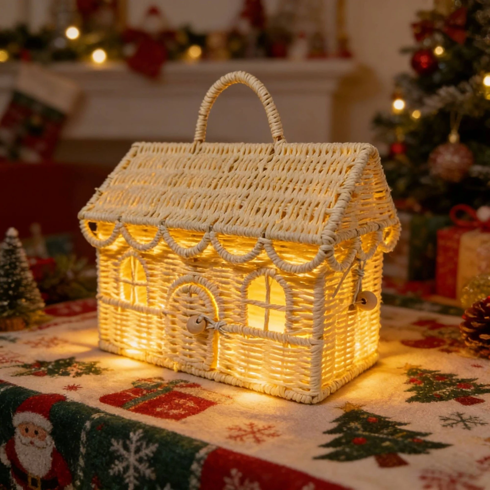 Woven House Basket Scalloped Edging House-Shaped Basket Front Door Closure Gift Presentation
