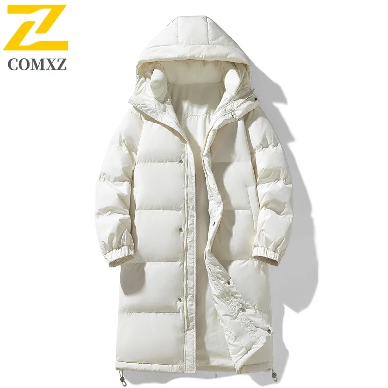 

COMXZ Office Commute Mens Down Jacket Classic Hooded Thickened Warm Parka Premium Knee Length Cold Resistant Winter Coats