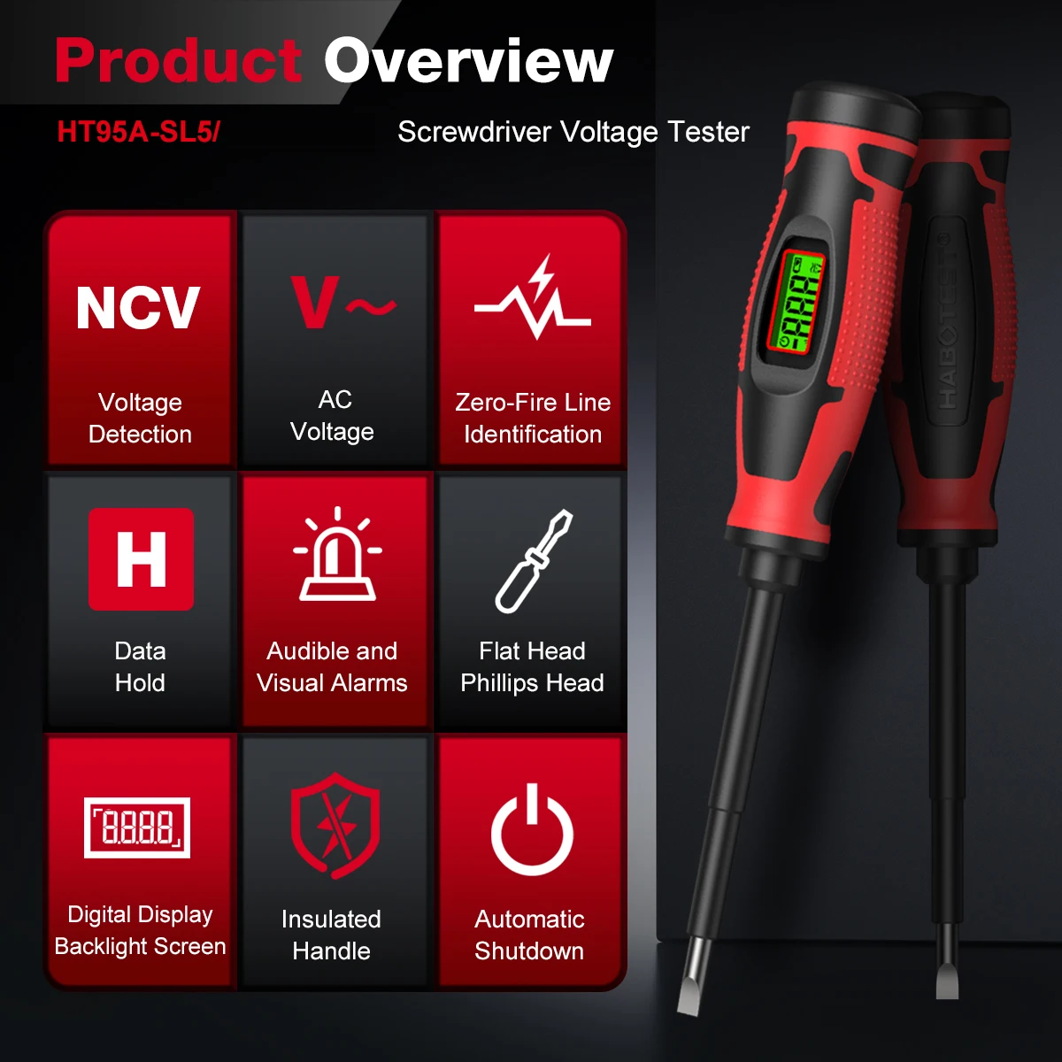 HABOTEST HT95ASL5 Digital Voltage Tester Screwdriver AC Non-Contact NCV Detector Electric Test Pen Smart Chip Electrical Tool