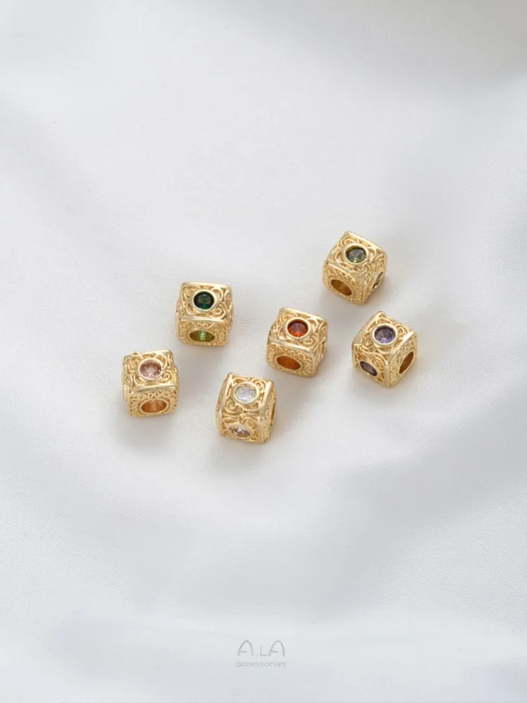 14K Gold-clad Retro Pattern Surrounded By Colorful Zirconium Square Beads Diy Handmade Beaded Jewelry Accessories K005