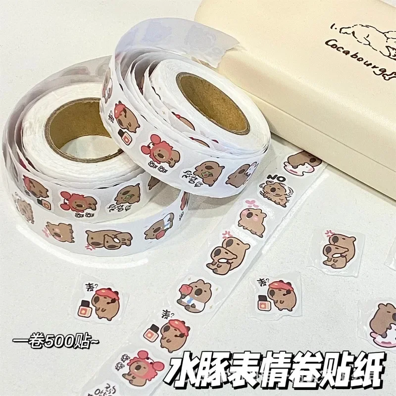 500pcs/roll Trend Cute Cartoon Capybara Sticker Kawaii Scrapbook Water Cup Guitar Phone Case DIY Sticker Kid Thank You Sticker