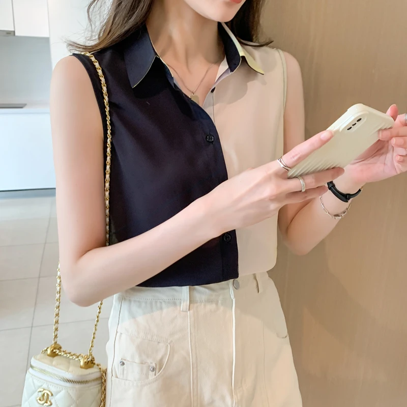 

Korean Fashion Casual Summer Vest Shirt Sleeveless Chiffon Top Button Blouse