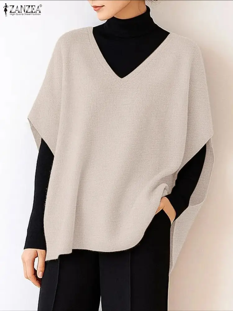 

ZANZEA FW 2025 женский вязаный свитер, жилеты большого размера, свободный v-образный вырез, рукав «лельмен», однотонный повседневный пуловер, топы, повседневная одежда
