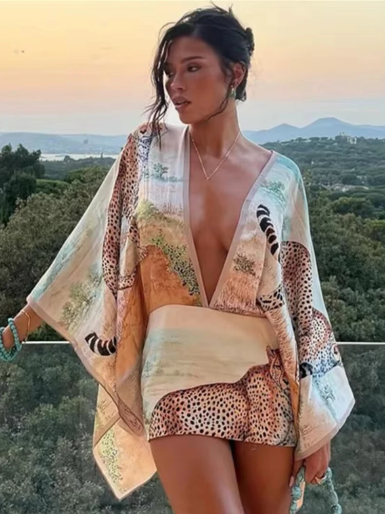 Nibber Puff Sleeve Backless Dress Women Colorful Leopard Print Sexy Deep V-Neck Patchwork Hottie Vacation Party Club Bodycon