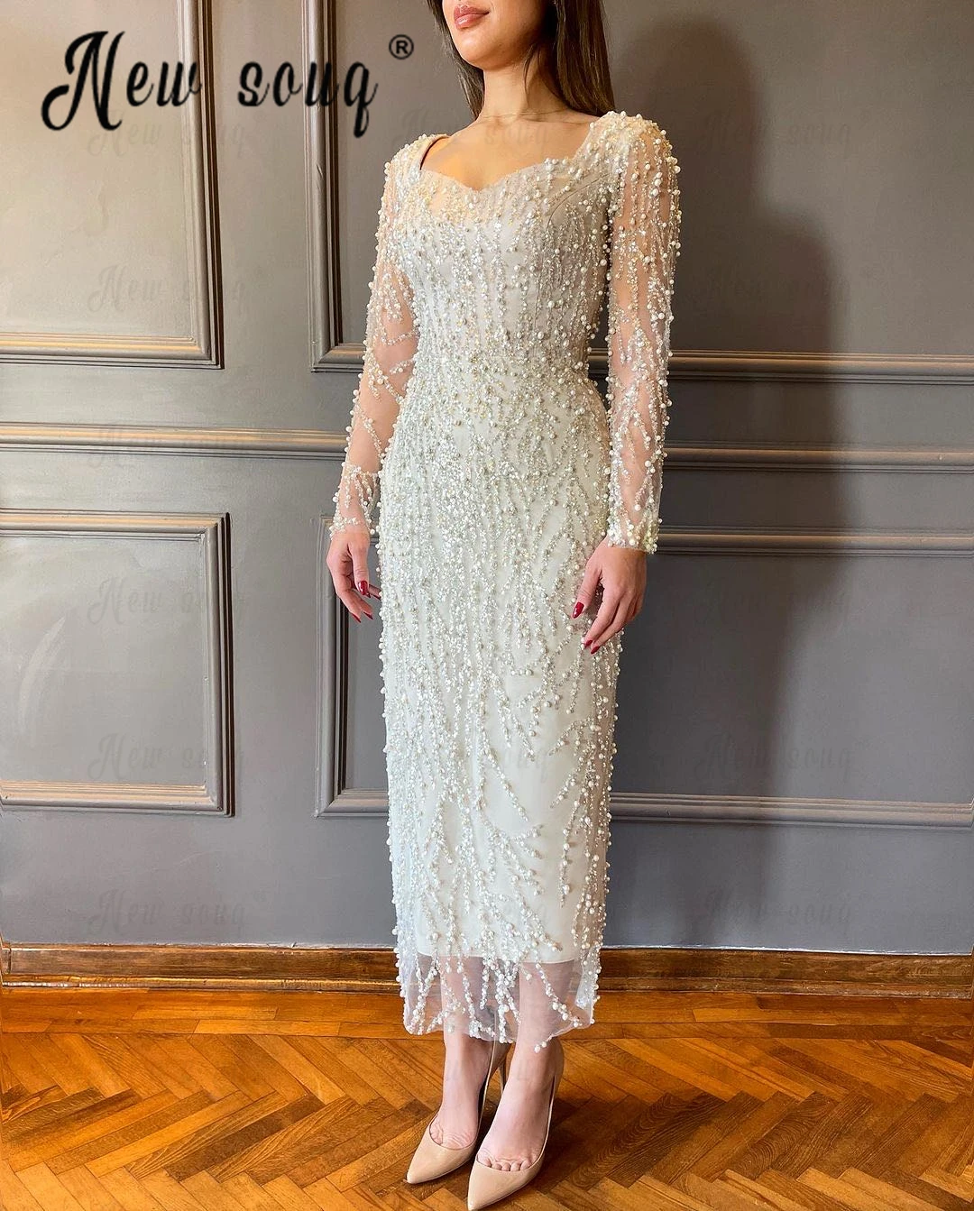 Full Ivory Pearls Tea-length Party Dress Vintage Square Neck Long Sleeve Women Wedding Event Prom Gowns Midi Cocktail Dresses