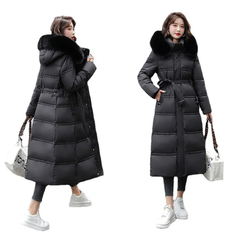 Winter New Down Cotton Parkas Jacket Women Over The Knee Big Hair Collar Korean Version Slimming Belt Parkas Jacket