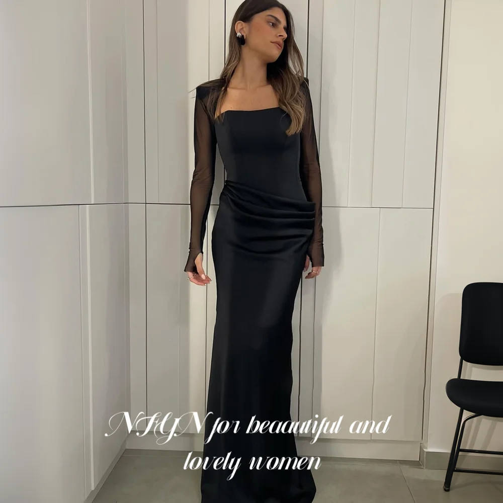 

NFYN Simple Black Special Occasion Dresses with Pleats Trumpet Satin Prom Dress Regular Full Sleeve Evening Dresses Customized