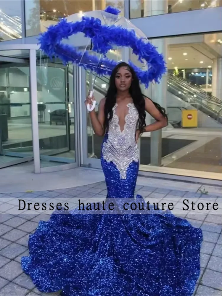 

Glitter Diamond Royal Blue Sequins Prom Dress 2025 Crystal Rhinestones Birthday Party Wedding Reception Evening Gown Customized