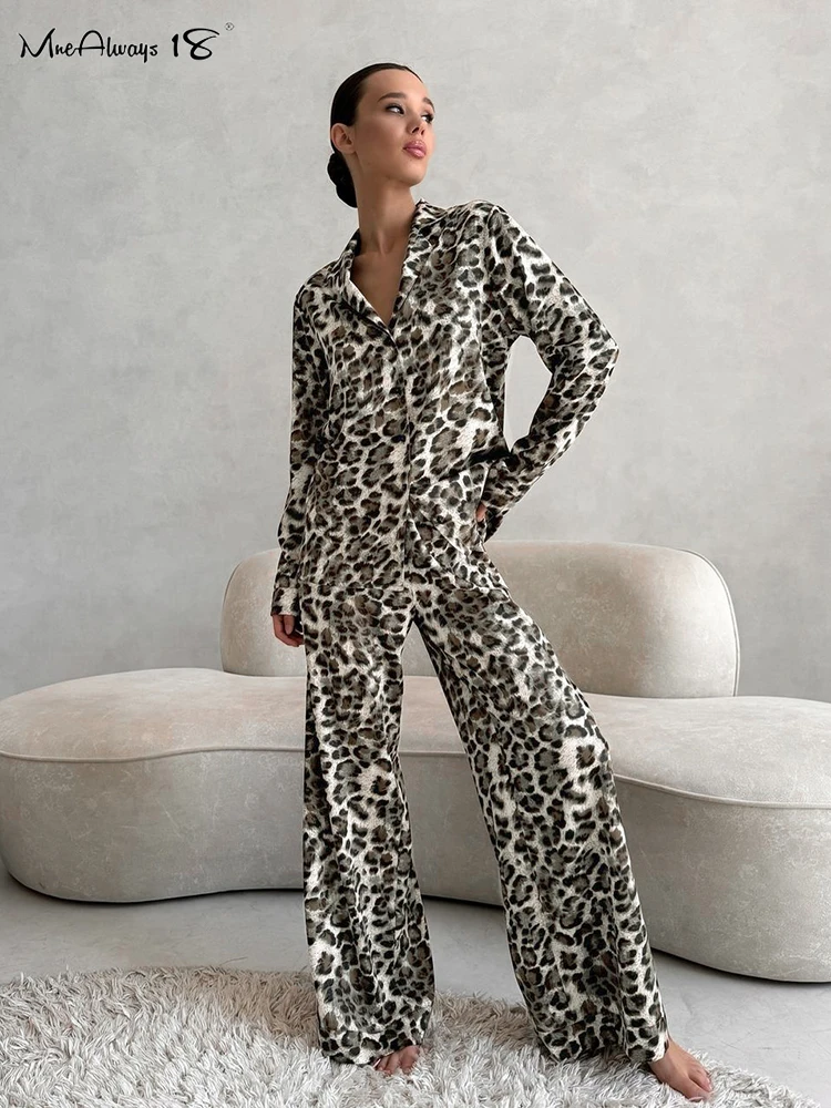 

Mnealways18 Leopard Printing Pants Suits Womens Notched Collar Shirts Homewear 2024 High Waist Pants Two Pieces Sets Sleepwear