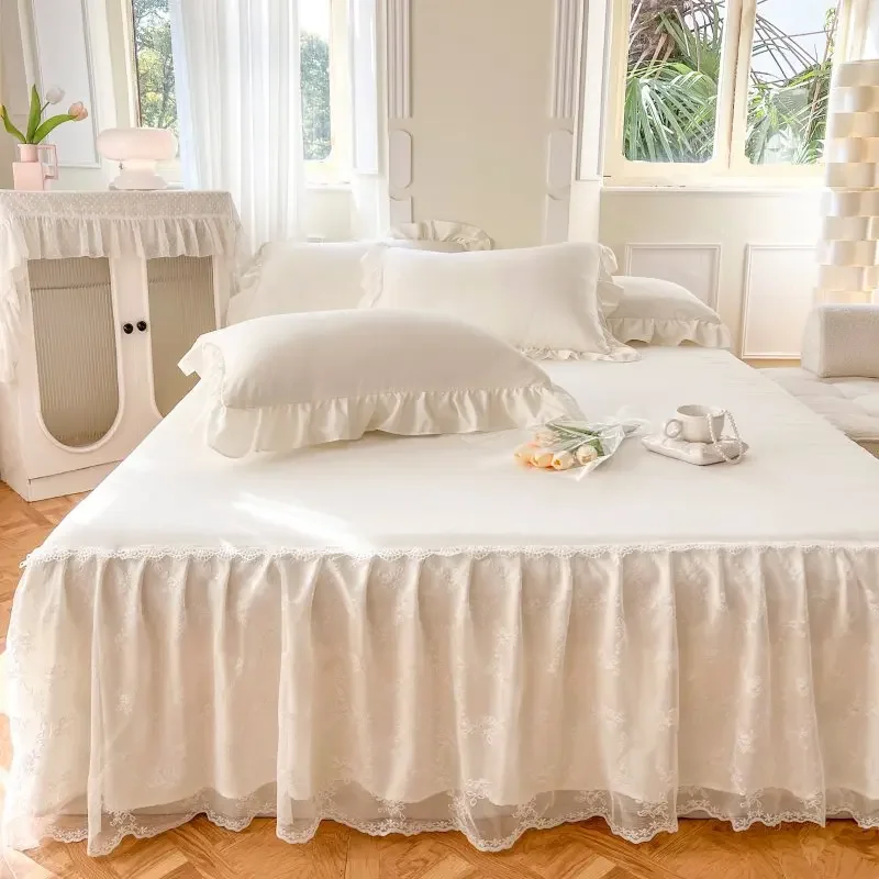 Solid Color Bed Skirt & Pillowcase Washed Cotton Wrap Around Bedskirt with Embroidered Lace White Pleated Dust Ruffle Bed Sheet