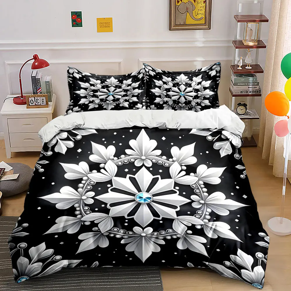 White Floral and Geometric Ornament Bedding Set for Kids Luxury Gift 3pcs Digital Print Comforter Set Soft Comfortable