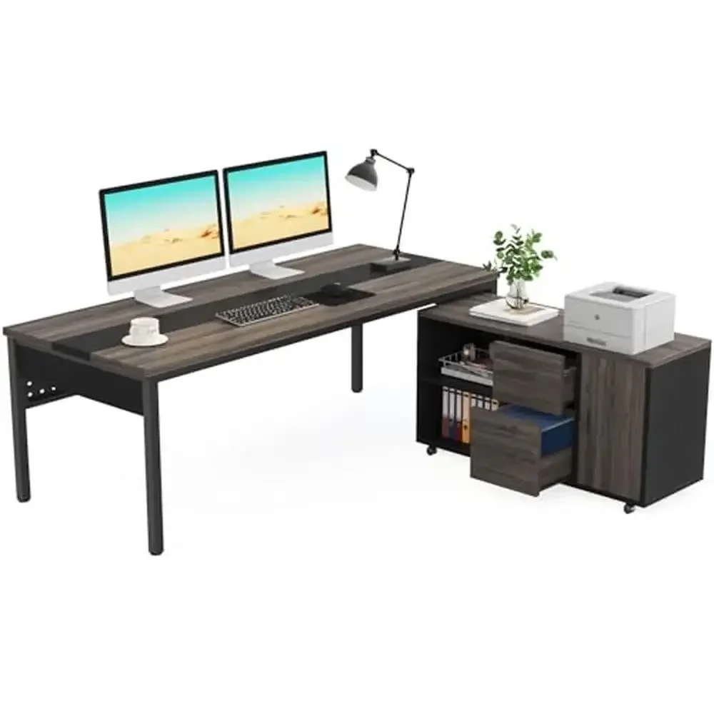 Modern L-Shaped Executive Desk with File Cabinet Spacious Workstation Home Office Vintage Industrial Style Rock-Solid Stability