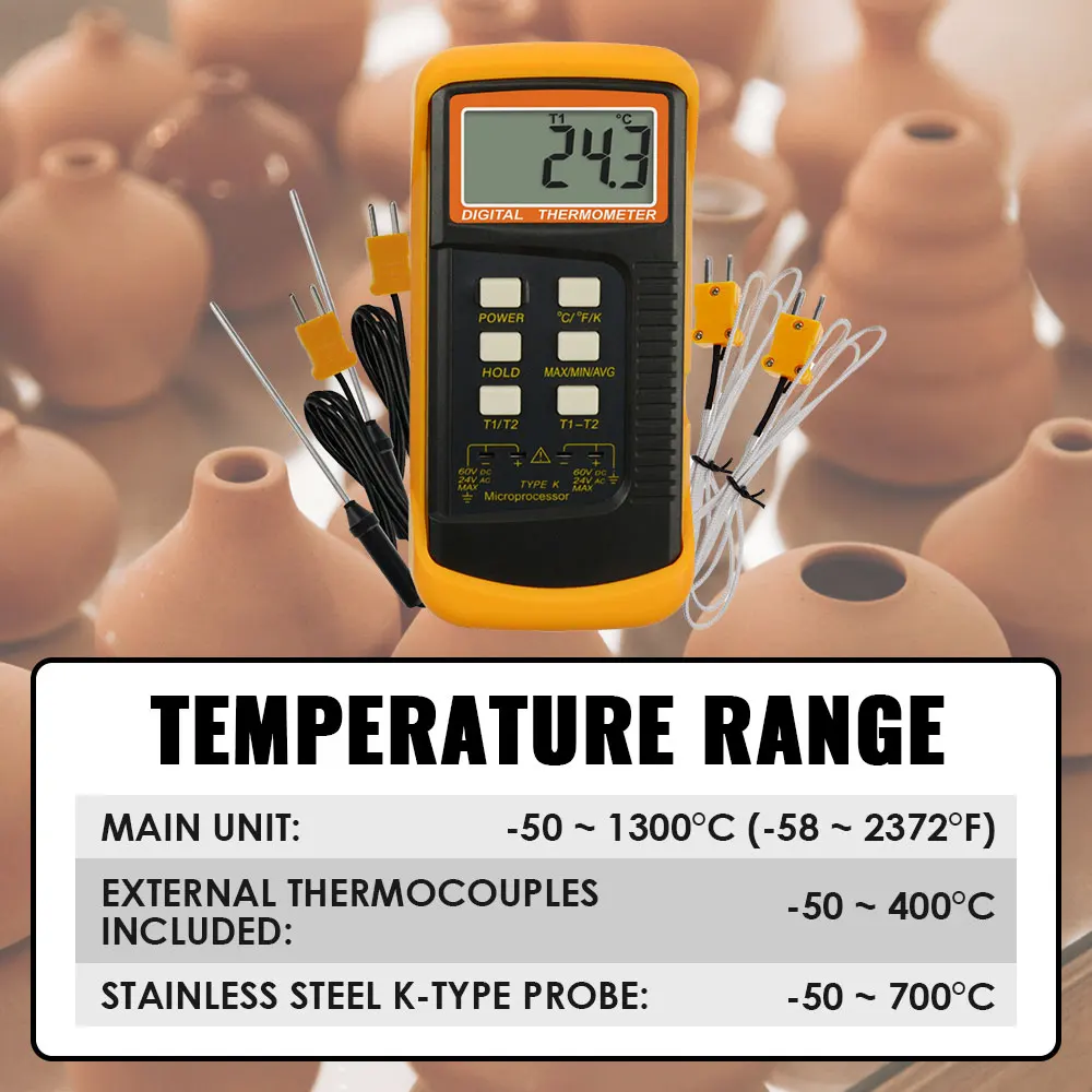 Digital K Type Thermocouple Thermometer Set Dual Channel Wired K-Type And Stainless Steel Thermocouples Ovens Furnaces Ceramics