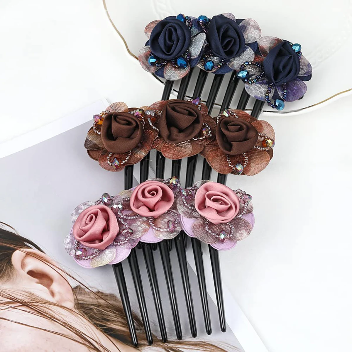 AWAYTR بوهو مزدوجة الفانيلا روز مقاطع الشعر للنساء فتاة رباط شعر شوكة مشط دبوس الشعر زهرة مجوهرات إكسسوارات الشعر #4