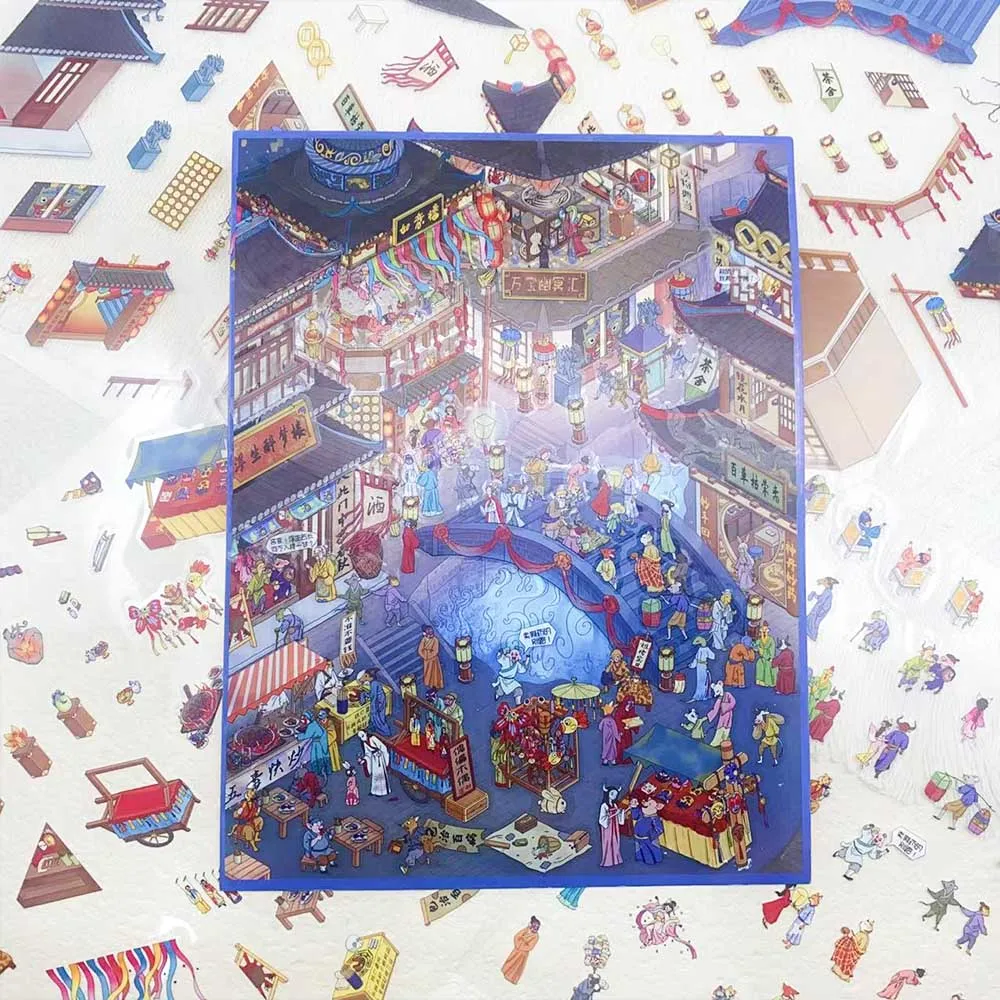 4pcs Big Size Chinese Horror Miniature Scene 3D Landscaping Stickers DIY Scene Stacking and Pasting Hand Account PET Stickers