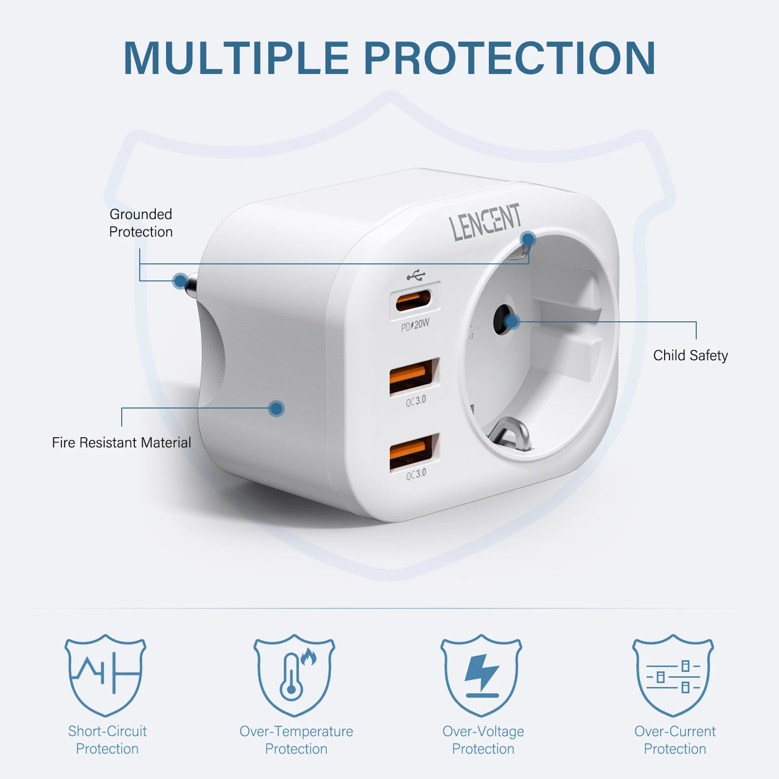 LENCENT EU Plug szybka ładowarka z 1 gniazdo elektryczne 2 USB C3.0 i 1 typ C PD 20W 4 W 1 zasilacz wiele gniazd do podróży W domu