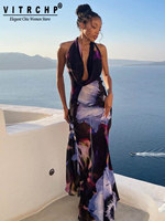 VITRCHP Backless Maxi Dress Women Sexy Purple Print Halter Bodycon Dress Summer Beach Outfits Elegant Sleeveless Club Party