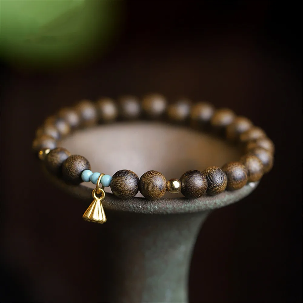 

8mm Vietnam Nha Trang Agarwood Buddha Bead Bracelet Wooden Jewelry Lotus Pendant Ethnic Women Fine Commute Bracelet Trendy Gift