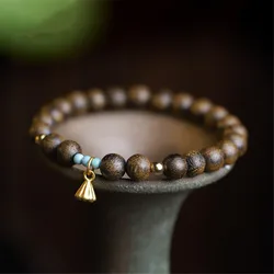 8mm Vietnam Nha Trang Agarwood Buddha Bead Bracelet Wooden Jewelry Lotus Pendant Ethnic Women Fine Commute Bracelet Trendy Gift