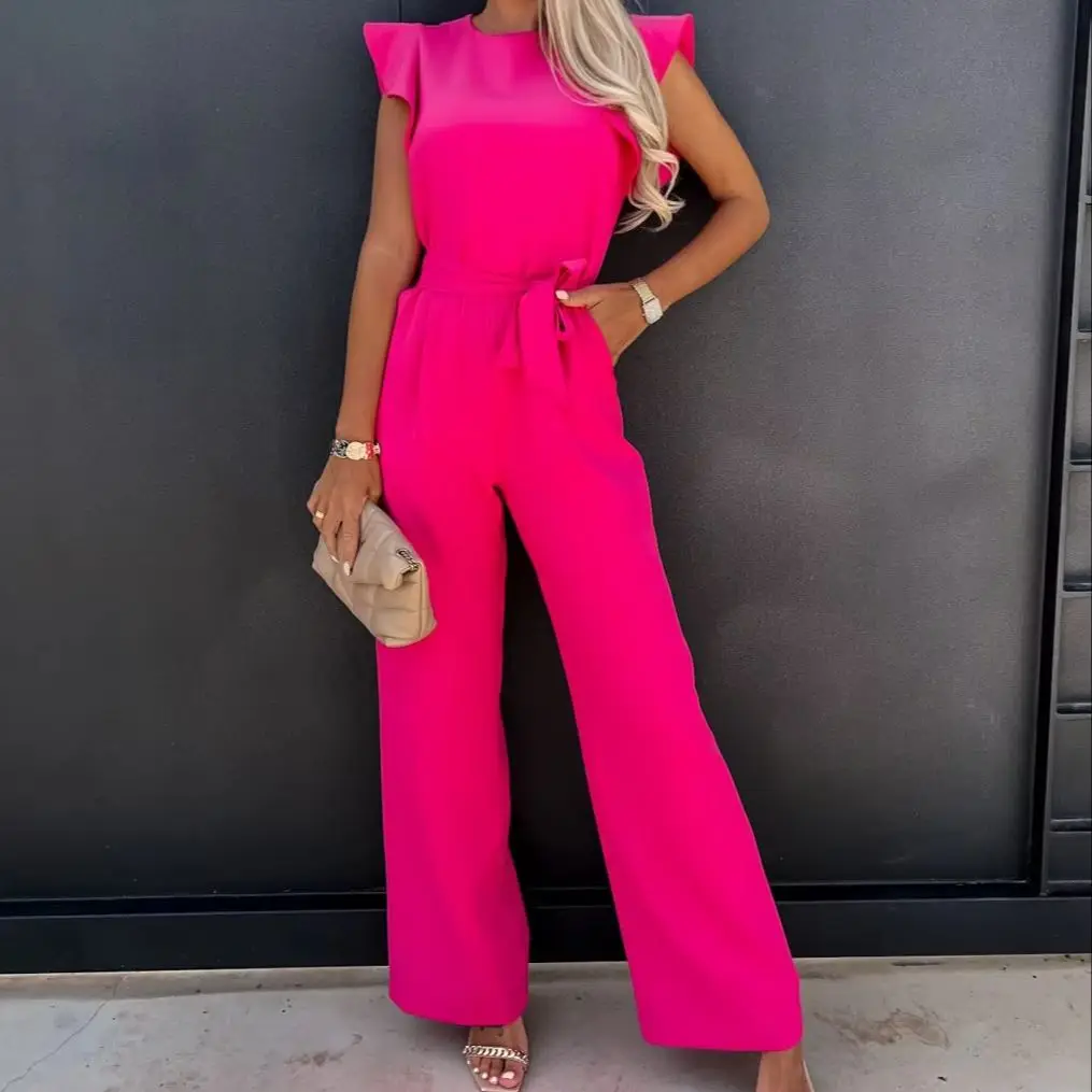 

Solid color sleeveless waistband jumpsuit wide leg pants