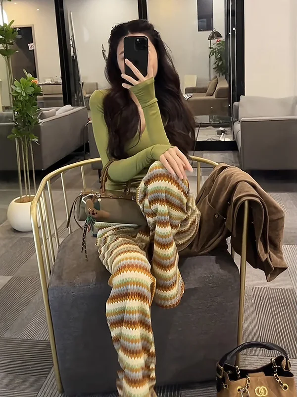 

Корейская футболка Sle V-Ne Long Sve, женские широкие брюки с высокой талией, комплект из двух предметов, повседневная мода, осень-зима, новое поступление