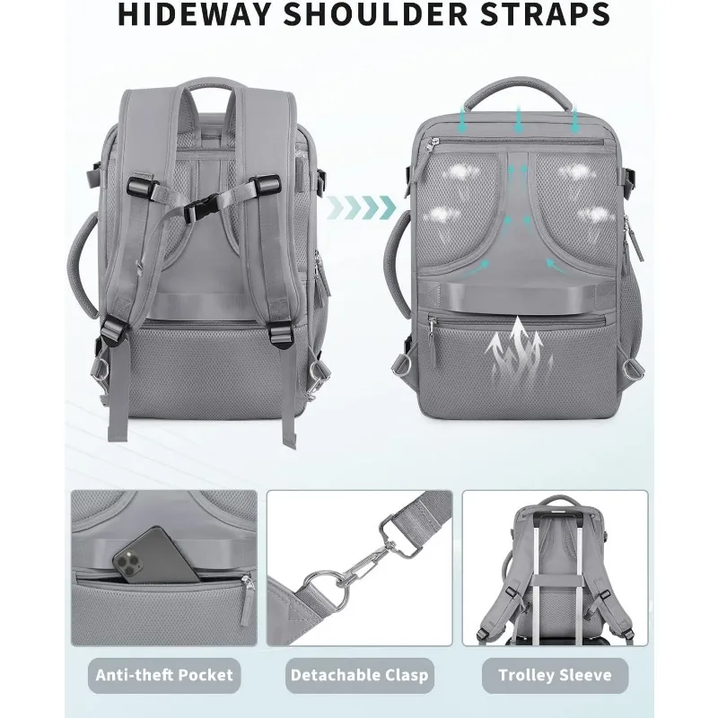 กระเป๋าเป้สะพายหลังสําหรับเดินทาง, กระเป๋าเป้สะพายหลังพกพาขนาด 40 ลิตรที่ขยายได้, อนุมัติการบินกันน้ํา, กระเป๋าหนังสือลําลองสําหรับพยาบาล, สีเทา