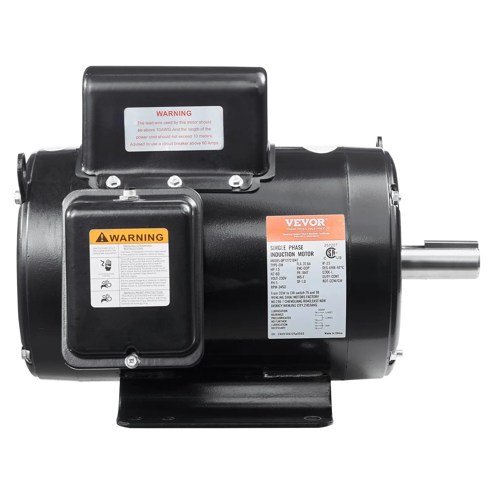 

7.5HP Air Compressor Electric Motor 230V 31.6A 3450RPM 184T Frame CW/CCW Rotate (Factory Setting Is CCW)